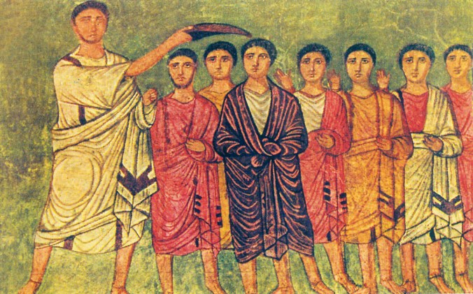 A line of eight men with the figure at furthest left holding a horn of oil over the head of the fourth figure from the left.