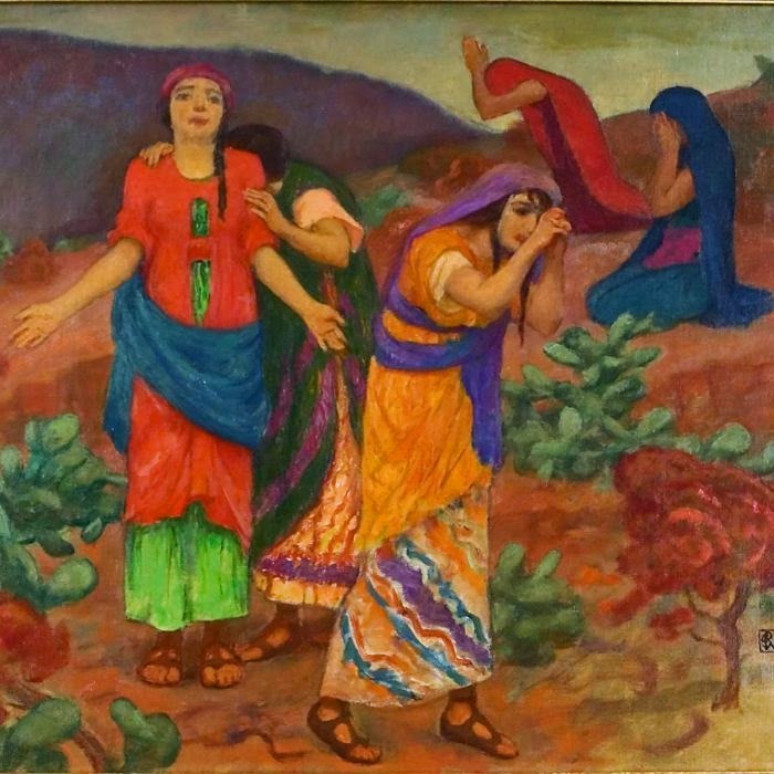 A brightly colored painting showing two women facing forward, both showing grief, with a third holding the shoulders of one from behind, face hidden. Two other women show signs of grief at right and to the rear.