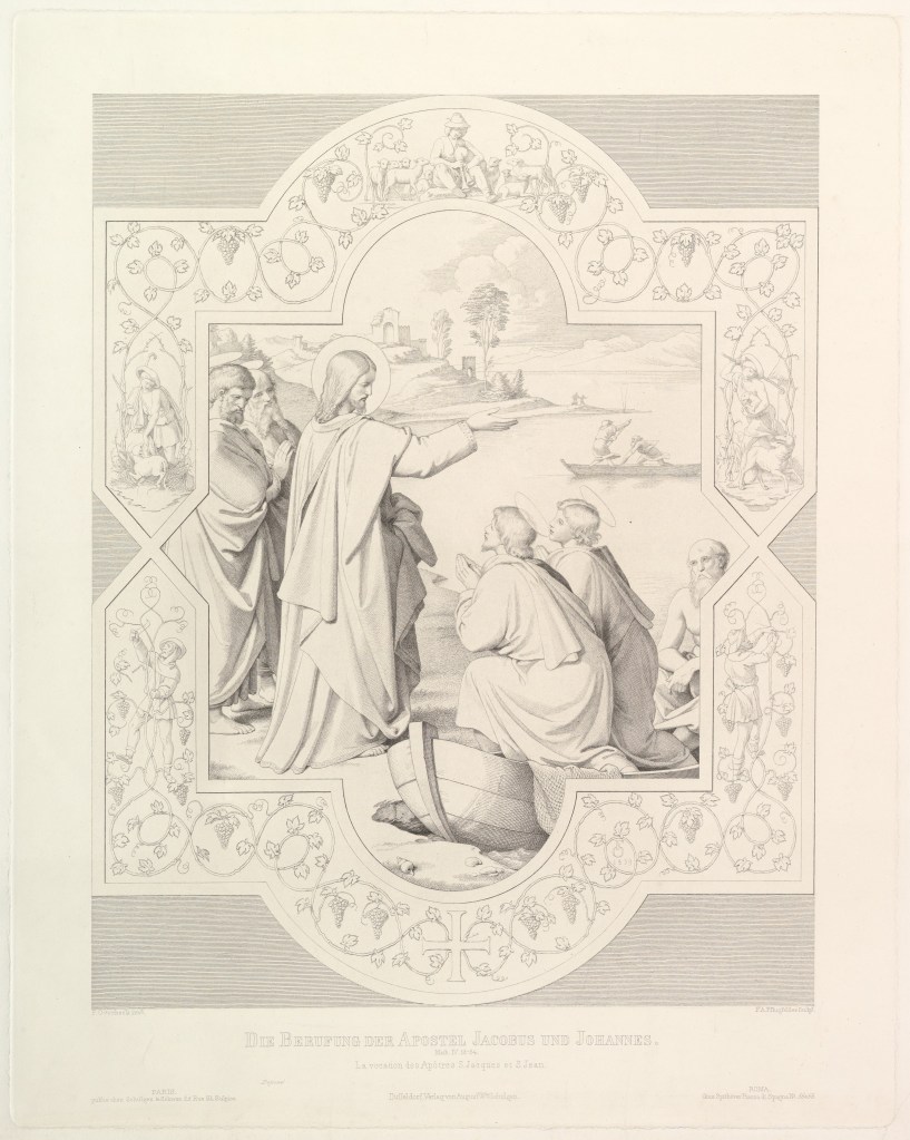 The image is "The Calling of the Apostles St. James and St. John." It shows two kneeling figures at right with a Jesus figure with halo standing at left holding his hand above their heads.
