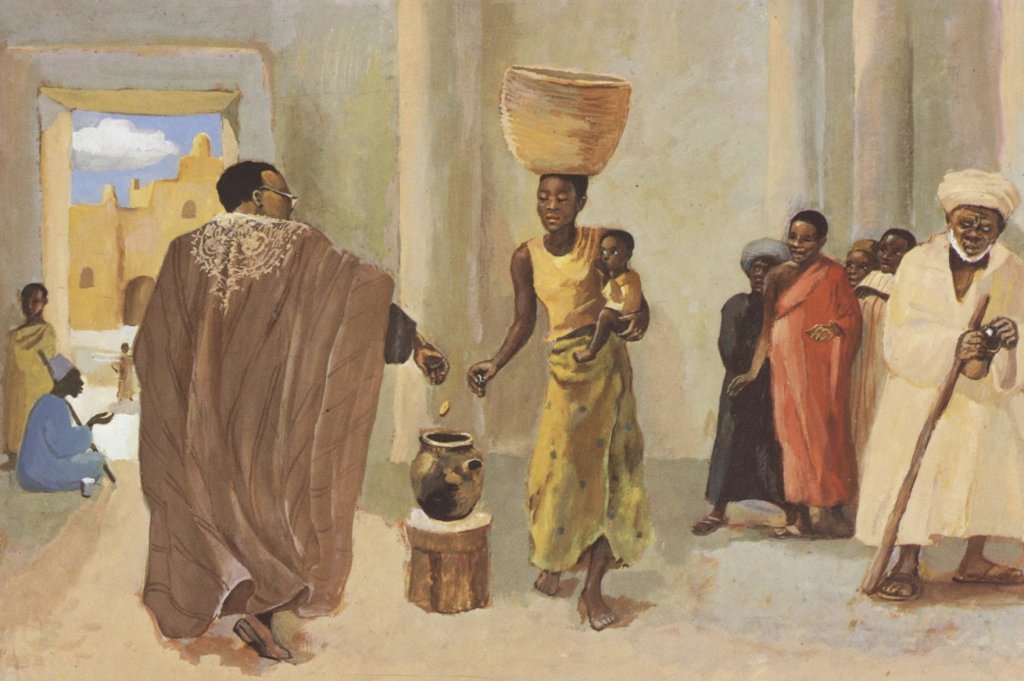 A painting of a well-dressed African man putting gold coins in a jar while a slim African woman carrying a baby and with a basket on her head puts two small coins in the jar. Others watch.