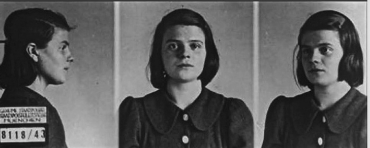 The 1943 booking photos of Sophie Scholl. They show three views of a brown haired young woman: in profile, face front, and from a quartering side.