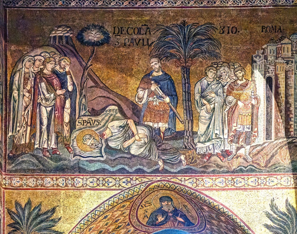 A mosaic image of the beheading of Saint Paul.