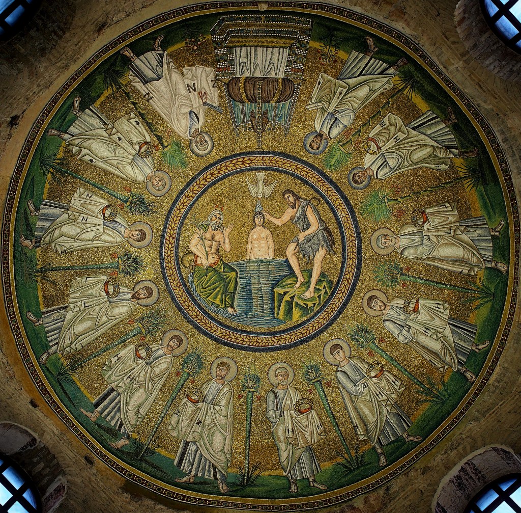 A circular image of mosaics in a dome. At center are three figures, a bearded figure representing God at left, a beardless figure in water at center, and a bearded figure wearing furs at right pouring water over the central figure. A dove is over the central figure. Surrounding the central image are twelve male figures representing saints.