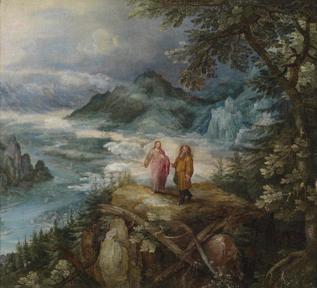 In the center of a large dramatic landscape of mountains and clouds, two smaller figures speak to one another. One, in pink, is Jesus. The other, in brown, is Satan.