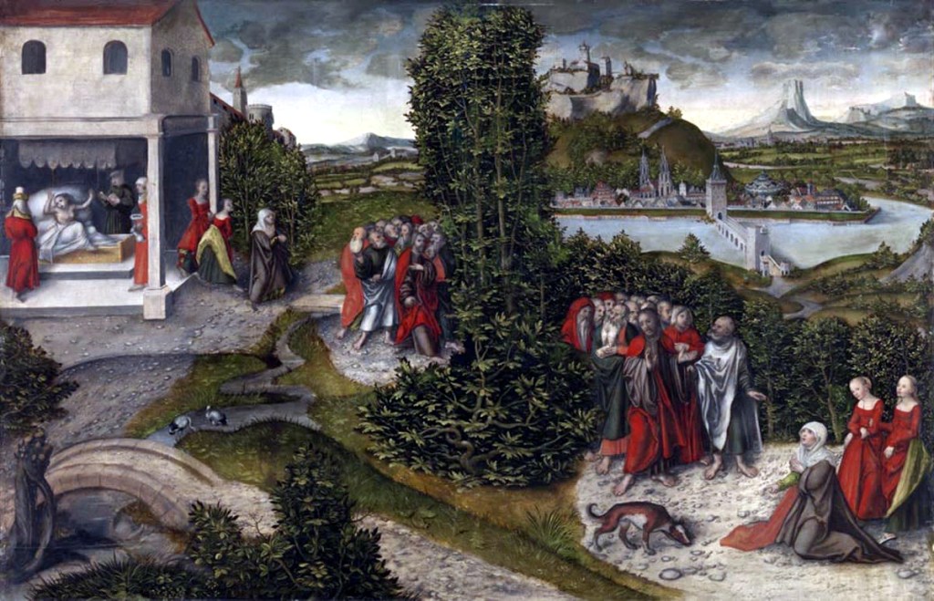 A single image with three elements of the same story. In the upper left, a child flailing in bed. In the center, a woman leaves the home to follow a group of men, one of whom is Jesus. In the the lower right, she kneels to him in petition, with a dog next to her.